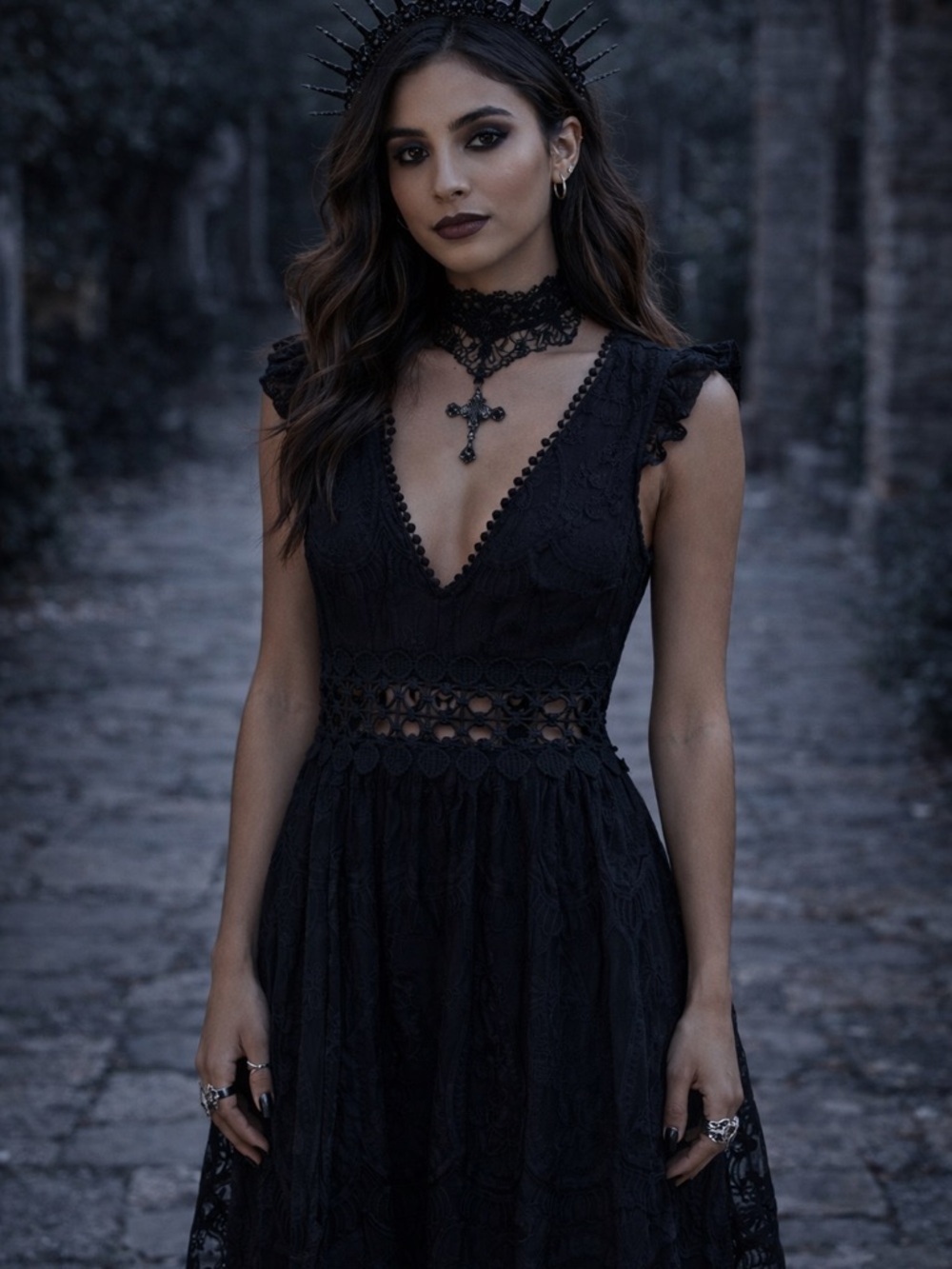 Whimsigoth Midi Sheer Dress M Black Gothic Grunge Flutter Sleeve Open Back Festi